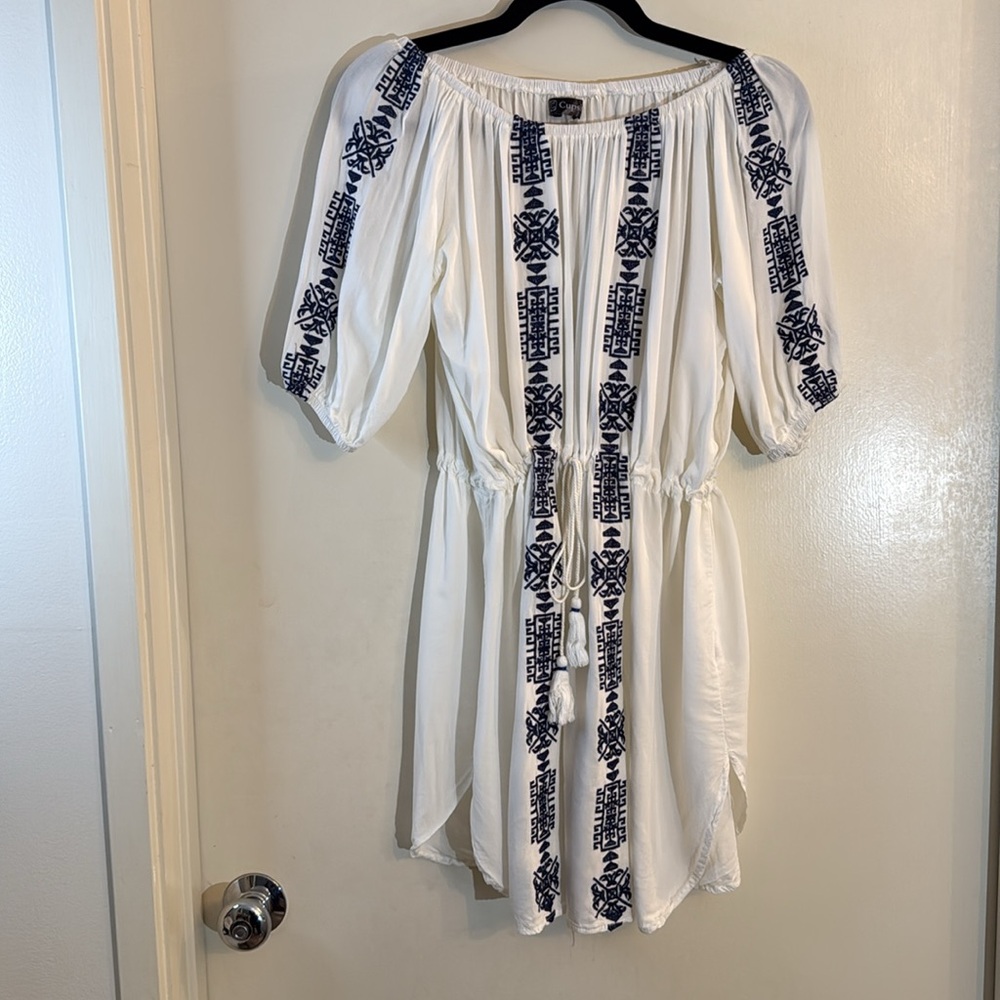Summer White Dress with Navy Blue Embroidery - Picture 3 of 10